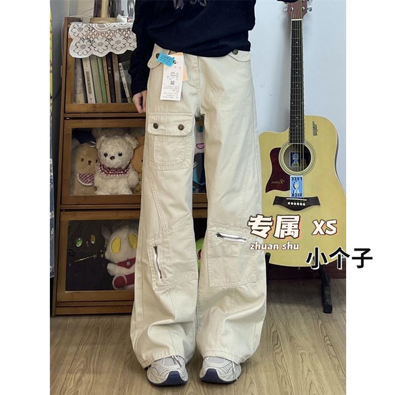 小个子潮牌美式工装微喇叭牛仔裤女高腰设计感拉链多口袋直筒长裤