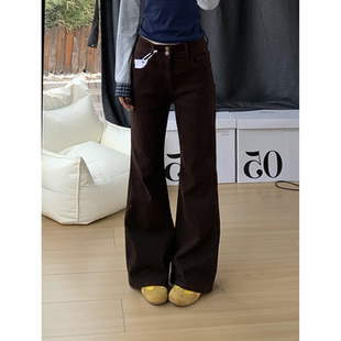 深咖色淑女风微喇叭牛仔裤高腰小个子显高显瘦修身直筒休闲马蹄裤