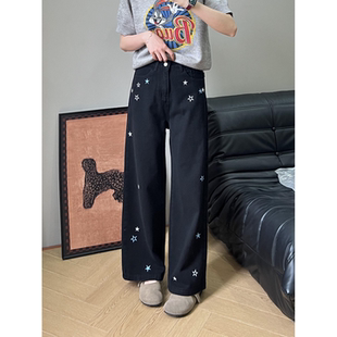 设计感辣妹星星刺绣黑色牛仔裤女小个高腰直筒宽松显瘦阔腿长裤潮