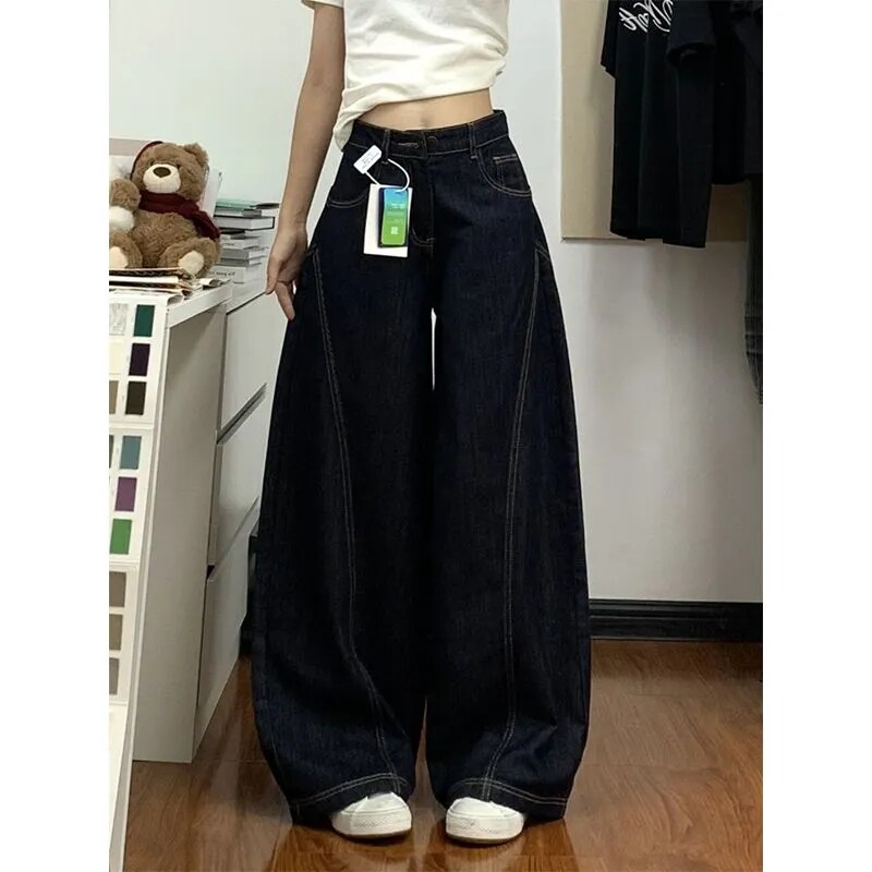 复古水洗深蓝色弯刀牛仔裤女150小个子宽松粗腿遮肉显瘦阔腿长裤,女装/女士精品,牛仔裤,淘宝优惠券,粉丝福利购,淘宝优惠卷