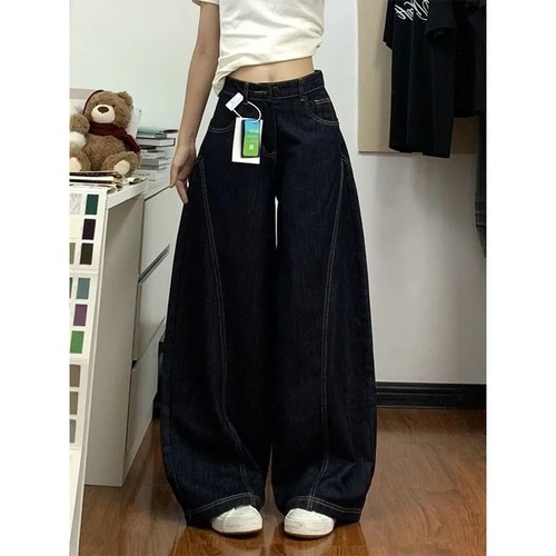 复古水洗深蓝色弯刀牛仔裤女