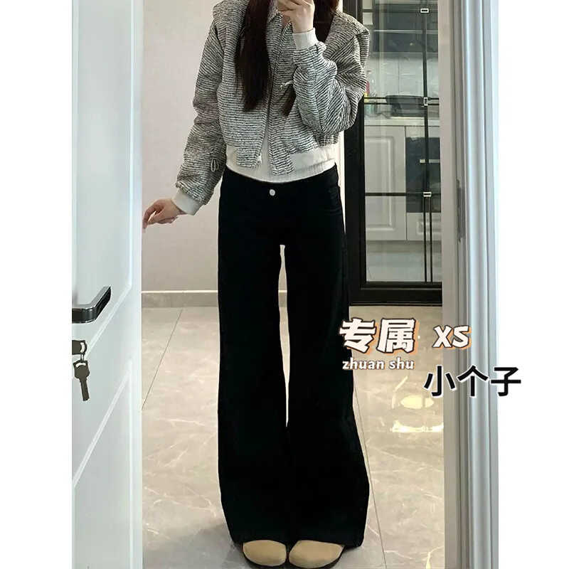女士时尚复古微喇叭黑色牛仔裤秋季辣妹小个子低腰宽松显瘦阔腿裤