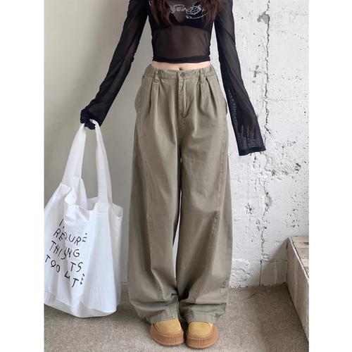 立体裁剪拼接卡其色阔腿牛仔裤女