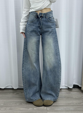 复古水洗蓝色弯刀牛仔裤女小个子辣妹高腰宽松显瘦直筒阔腿拖地裤