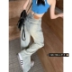 150小个子水洗做旧chic港味牛仔裤 女百搭高腰宽松显瘦直筒阔腿裤
