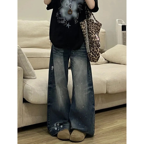美式复古泼墨高腰阔腿显瘦牛仔裤