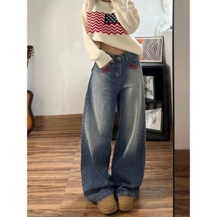 时尚设计感烫钻刺绣直筒牛仔裤女小个子高腰宽松显瘦百搭阔腿长裤