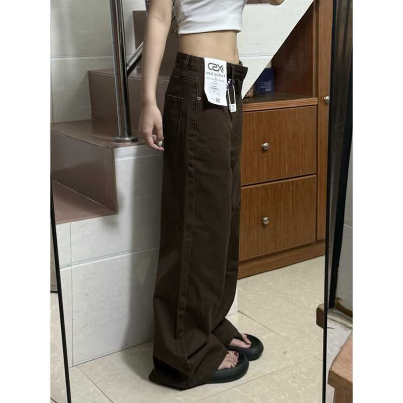 145小个子复古咖色阔腿牛仔裤女