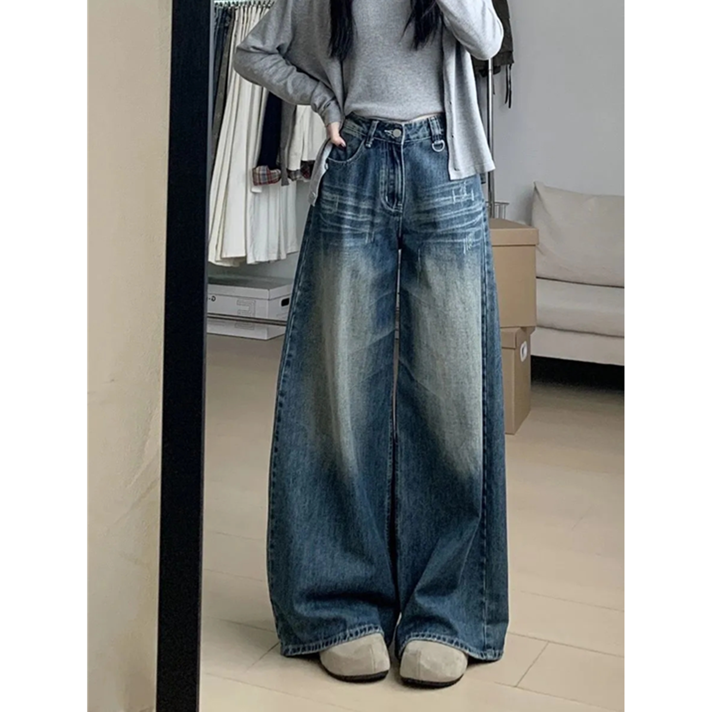 复古做旧宽松显瘦牛仔阔腿裤女