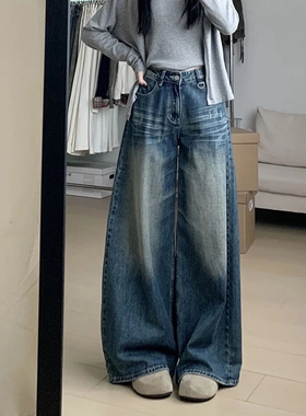 复古做旧宽松显瘦牛仔阔腿裤女