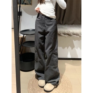 女150小个子宽松显瘦高腰直筒阔腿休闲长裤 风牛仔裤 辣妹工装 美式