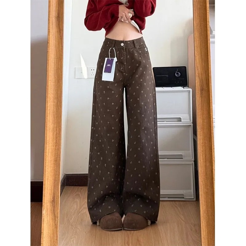 甜酷辣妹碎花咖色直筒牛仔裤女150小个子显高显瘦宽松阔腿休闲裤