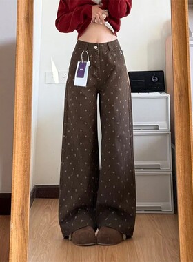 甜酷辣妹碎花显高显瘦阔腿牛仔裤
