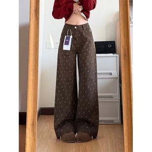 甜酷辣妹碎花咖色直筒牛仔裤女150小个子显高显瘦宽松阔腿休闲裤