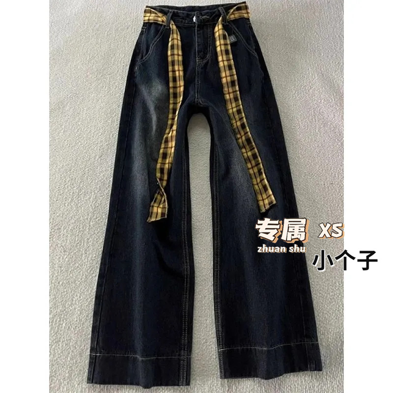 复古格子拼接阔腿牛仔裤女小个子