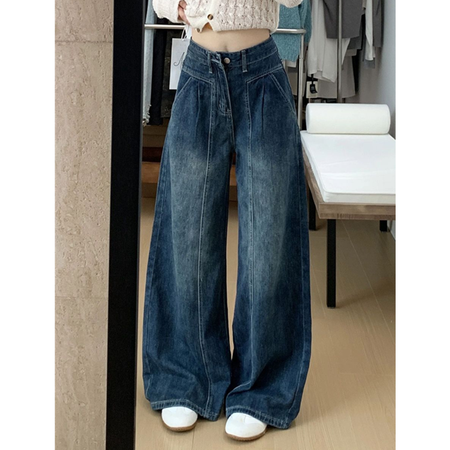 美式复古褶皱高腰阔腿牛仔裤女