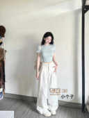 小个子高腰褶皱宽松显瘦直筒拖地长裤 新款 潮 女夏季 白色阔腿牛仔裤