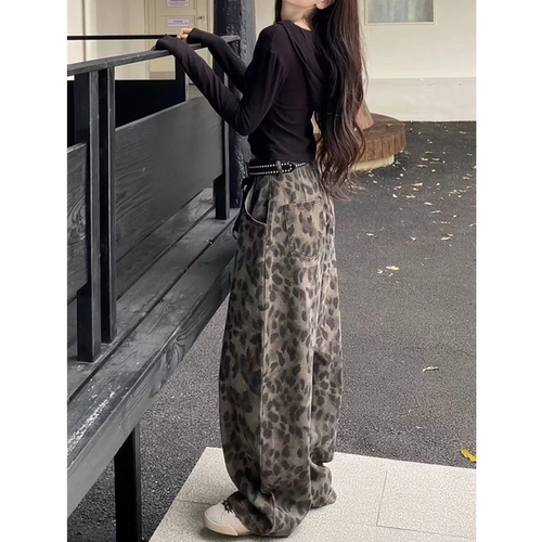 美式复古豹纹牛仔裤女小个子