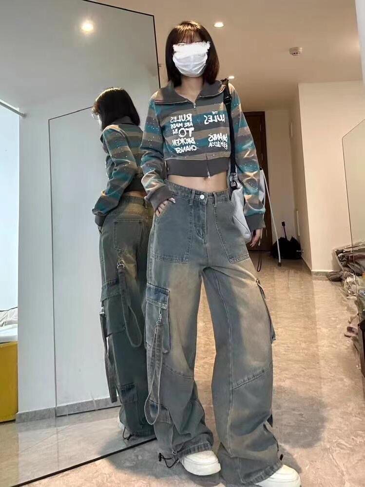 AMERICAN HIGH STREET VIBE BABES CARGO JEANS SMALL WOMEN HIGH WAIST LOOSE SKINNY WIDE-LEGGED STRAIGHT TROUSERS TIDE