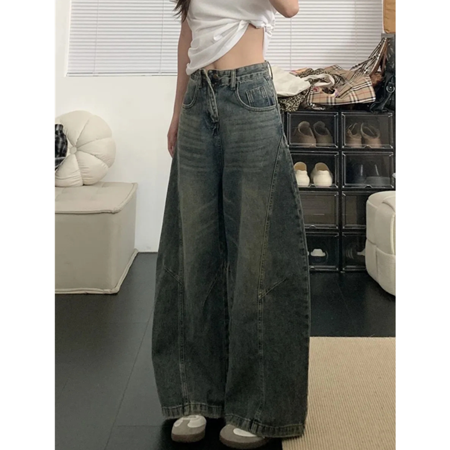 松弛感慵懒风弯刀牛仔裤女150xs码小个子宽松粗腿遮肉显瘦阔腿裤,女装/女士精品,牛仔裤,淘宝优惠券,粉丝福利购,淘宝优惠卷