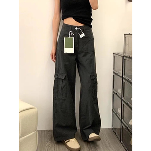 女巨好看小个子阔腿高腰显瘦直筒休闲长裤 深灰色多口袋工装 牛仔裤