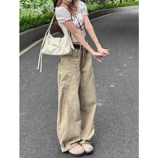 女小个子高腰宽松阔腿遮肉显瘦休闲弯刀裤 潮牌工装 风大口袋牛仔裤