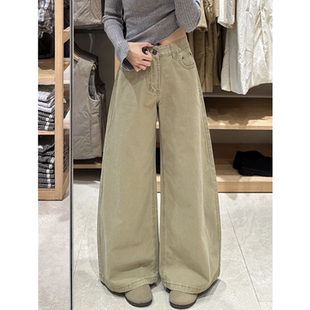 小个子复古卡其色大阔腿牛仔裤 女高腰宽松遮肉显瘦直筒休闲拖地裤