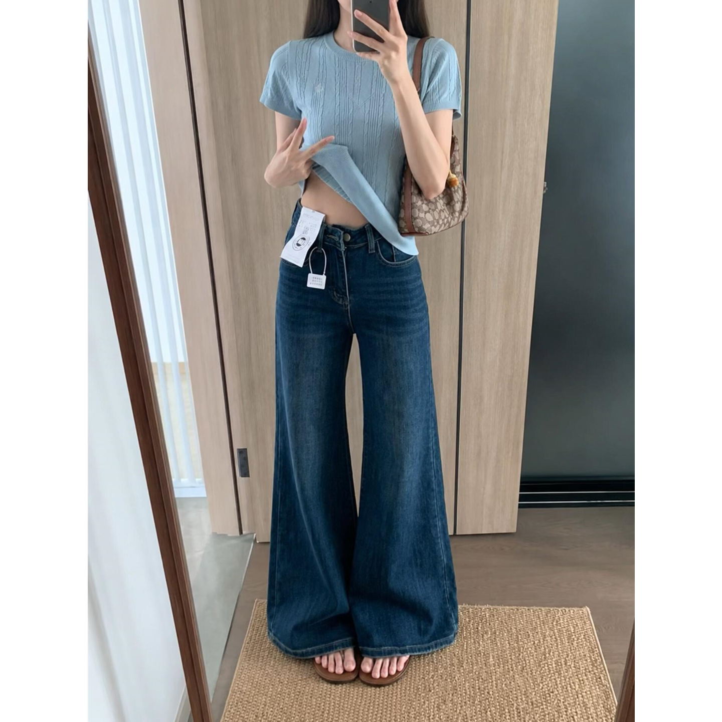 都市通勤风微喇叭牛仔裤女小个子深蓝色宽松梨形遮肉显瘦阔腿长裤