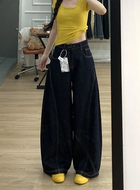 水洗丹宁蓝弯刀牛仔裤女小个子宽松松弛感bf风显瘦高腰香蕉阔腿裤
