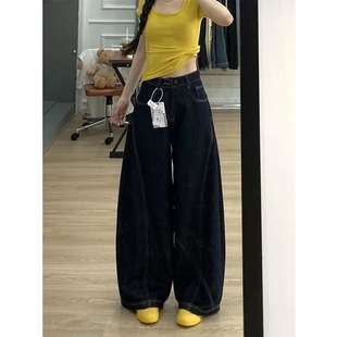 水洗丹宁蓝弯刀牛仔裤女小个子宽松松弛感bf风显瘦高腰香蕉阔腿裤