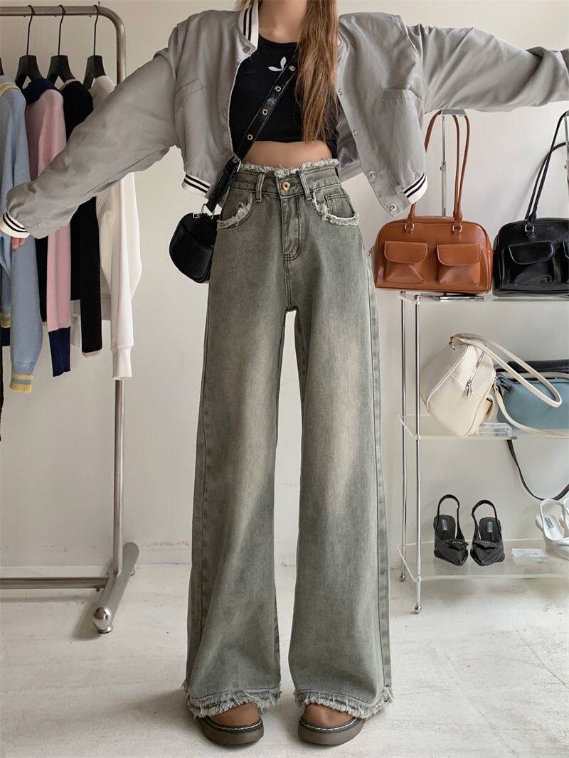 SENSE OF DESIGN: RAW EDGES LOOSE WIDE-LEG JEANS WOMENS SUMMER INS SMALL MAN HIGH WAIST COVERING THIN MOPPING TROUSERS TIDE