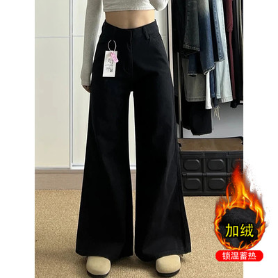 黑色加绒加厚直筒牛仔裤女小个子