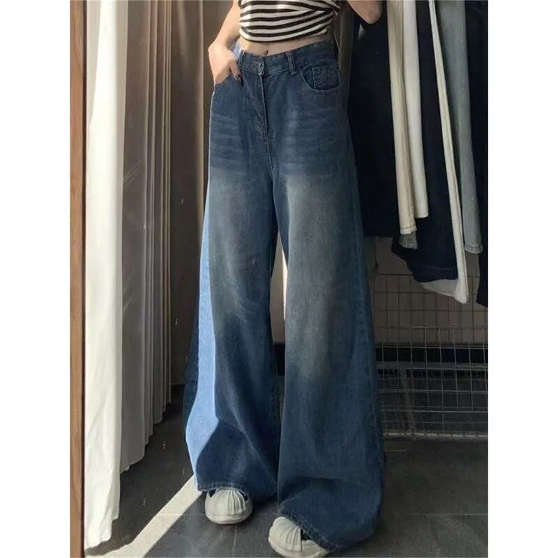 港风复古都市风水洗阔腿牛仔裤女小个子宽松显瘦垂感直筒拖地长裤