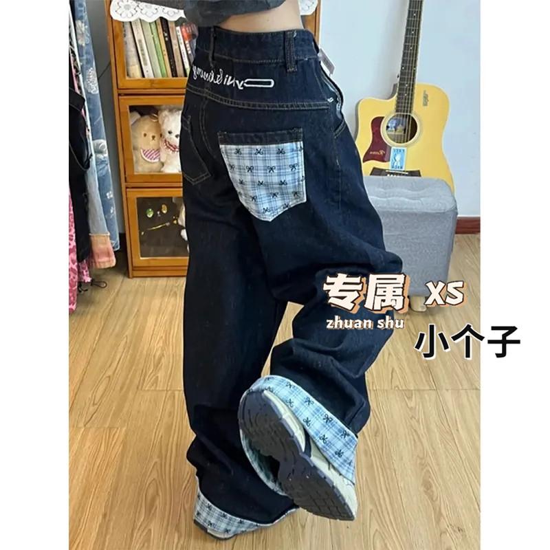 美式复古蝴蝶结格子牛仔裤女xs码