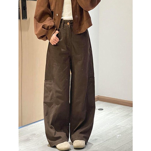 女小个子宽松粗腿遮肉显瘦阔腿休闲裤 咖色工装 风多口袋直筒牛仔裤