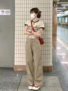复古港味chic高腰显瘦宽松直筒阔腿裤 小个子卡其色牛仔裤 女春夏季