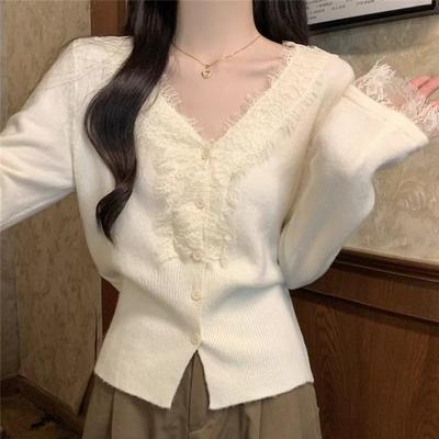 软糯羊绒高级蕾丝毛衣法式v领时髦春秋女装针织内搭打底开衫上衣
