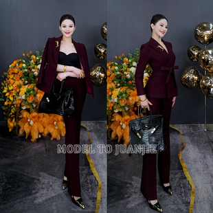 新品酒红色高定气质修身职业绵羊毛西装喇叭裤女士套装1008