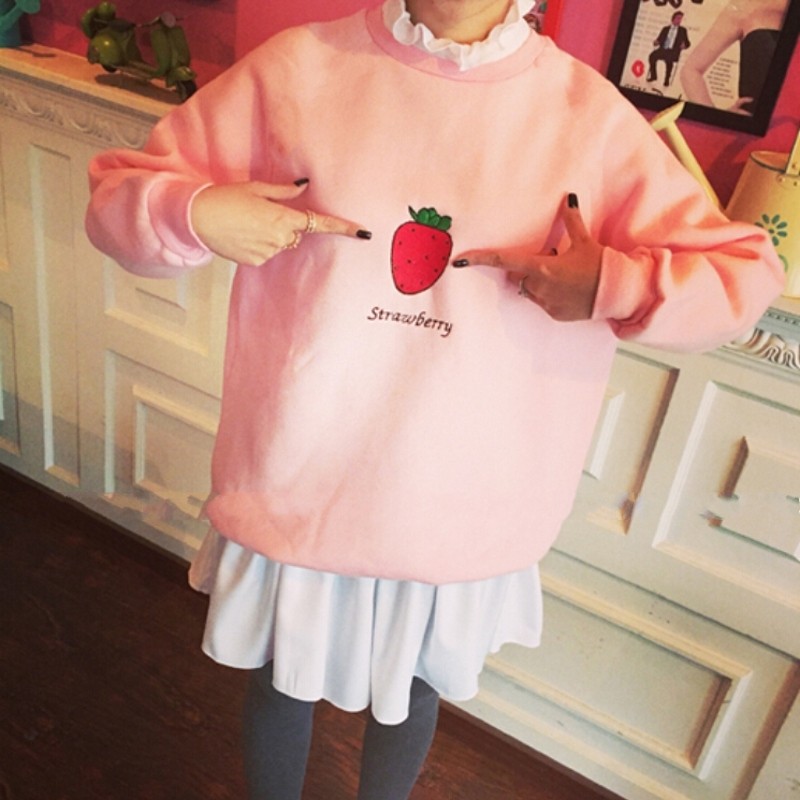 原宿风草莓卫衣女秋冬季韩版宽松男女情侣装加绒加厚学生上衣外套