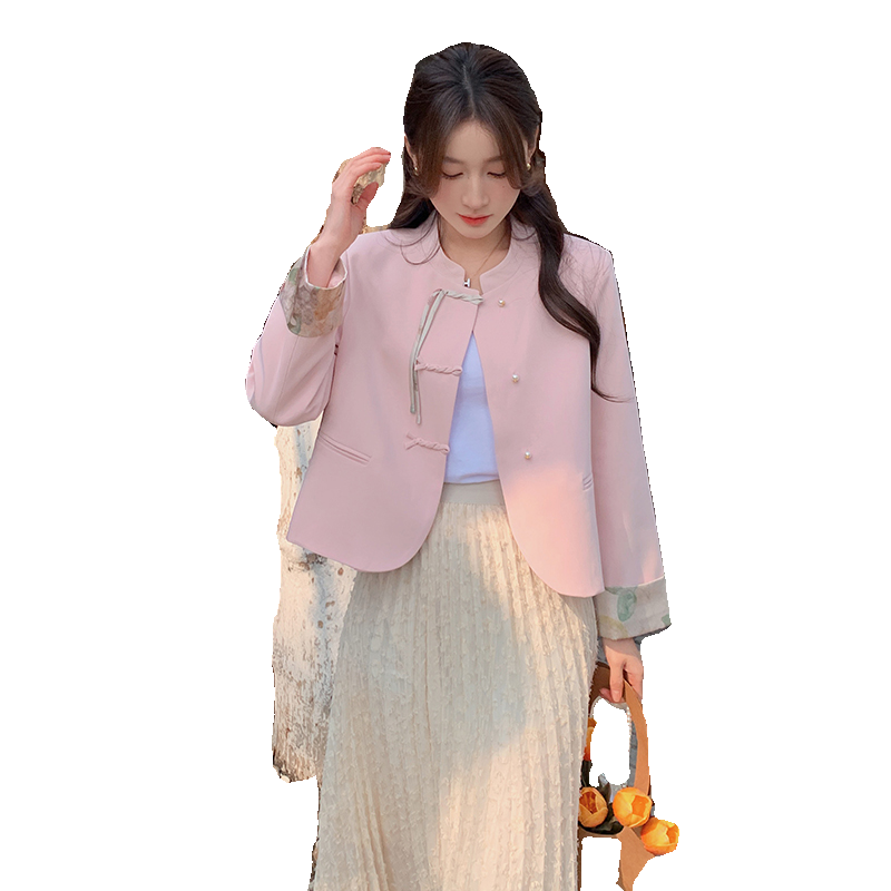 新中式国风粉色外套女2024新款早春新款超好看唐装小个子短款上衣,女装短外套,铱本正襟