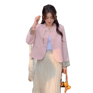 新中式国风粉色外套女2024新款早春新款超好看唐装小个子短款上衣图片