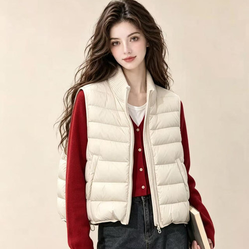 2026冬季韩版针织立领排骨羽绒服马甲女宽松保暖90白鸭绒马夹外套