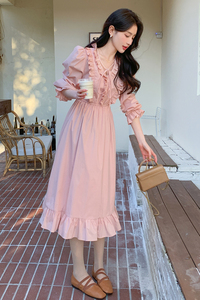 粉色木耳边超仙森系连衣裙女中长款2024春秋季新款法式甜美A字裙图片