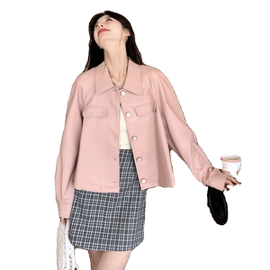 粉色简约翻领小皮衣女2025春季新韩版设计感时尚小个子PU皮外套潮图片