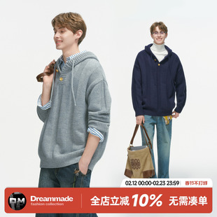 Dream made 慵懒风连帽套头毛衣男秋冬季老钱新贵情侣针织衫外套