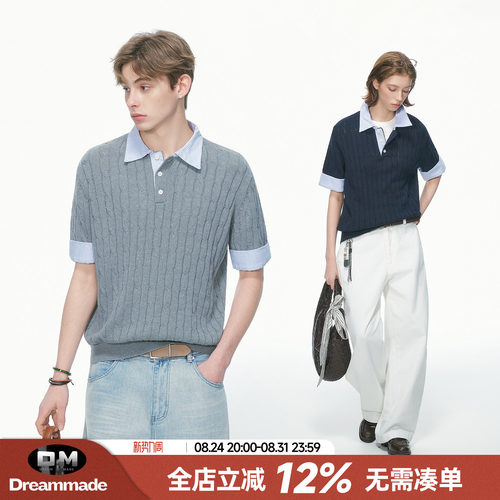 Dream made 老钱风假两件衬衫领针织短袖polo衫男款夏季情侣T恤女