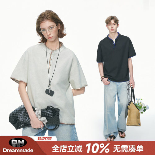 Dream made 老钱风手缝线亨利领短袖T恤男女夏季重磅休闲情侣上衣