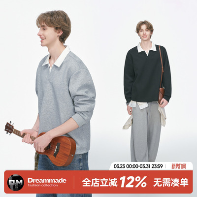 Dream made 老钱风假两件V领POLO衫卫衣男春秋季新款美式重磅上衣