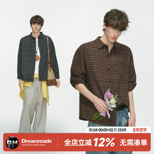 Dream made 美式复古棕色格子毛呢衬衫男款秋季慵懒内搭长袖衬衣