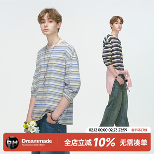 Dream made 美式撞色条纹圆领长袖T恤男春秋季新款重磅打底衫上衣